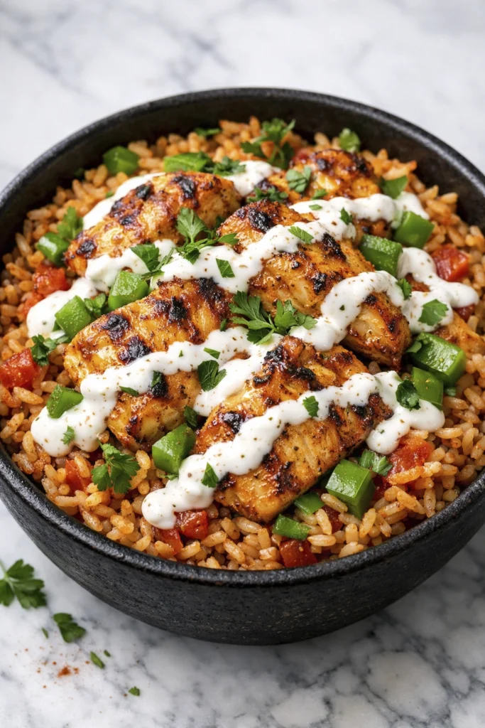 Spiced rice topped with roasted chicken and creamy white sauce, garnished with bell peppers.