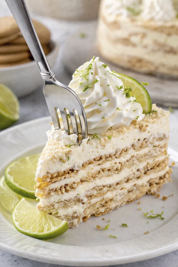 Close-up of a creamy no-bake lime dessert slice with biscuit layers and whipped cream being cut with a fork.