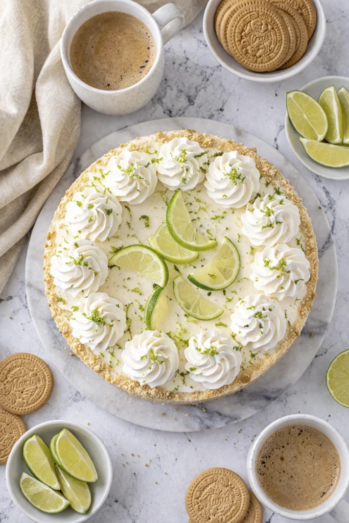 Overhead image of a no-bake lime icebox cake topped with whipped cream and lime slices on a marble surface.