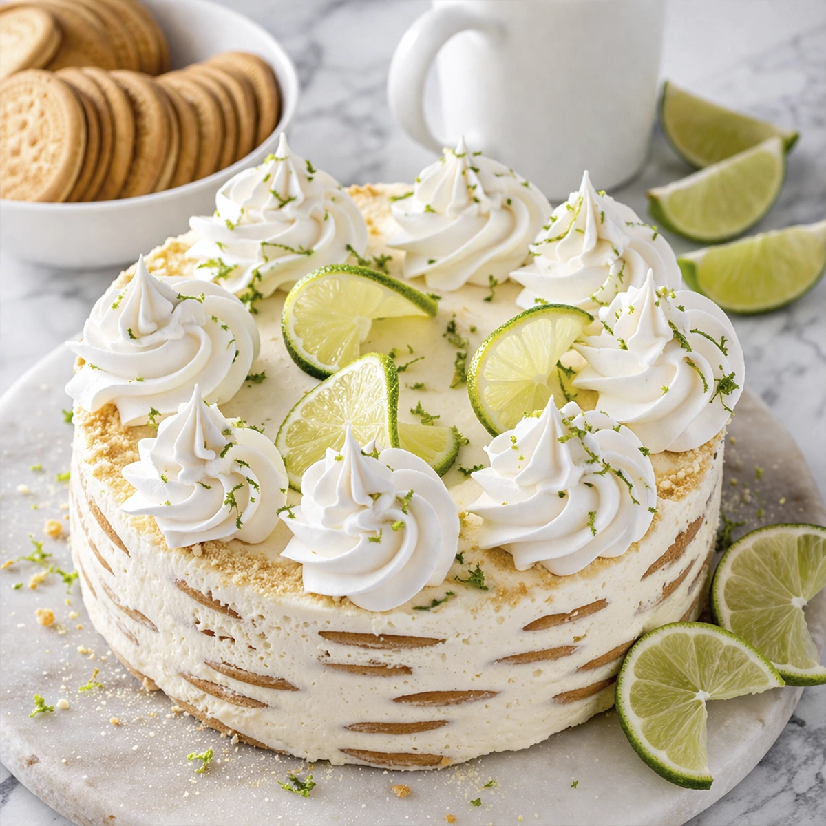 Key lime icebox cake topped with whipped cream swirls and fresh lime slices on a marble surface with cookies and lime wedges.