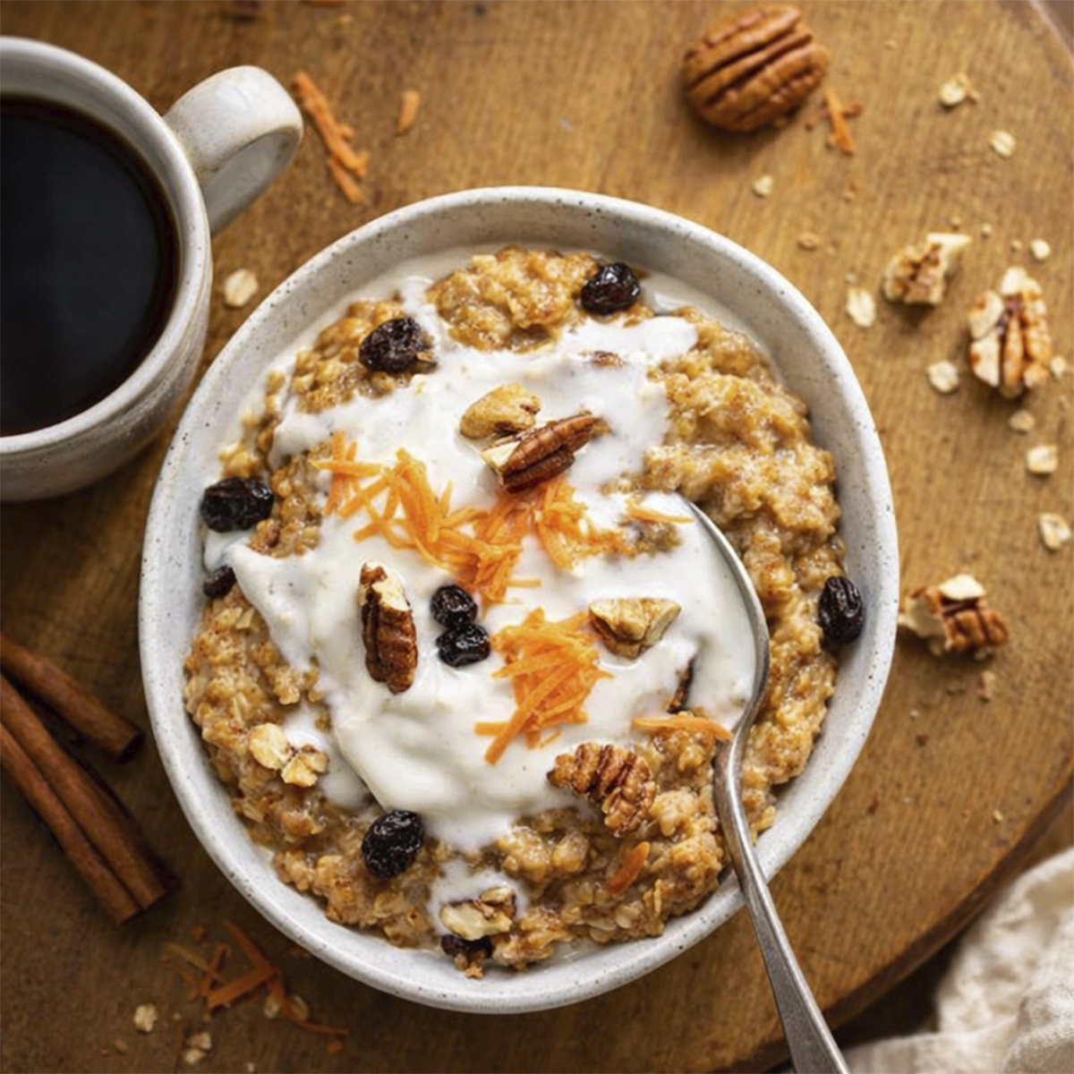 Top view of carrot cake oatmeal topped with yogurt, pecans, raisins, and shredded carrots in a rustic bowl on a wooden table.