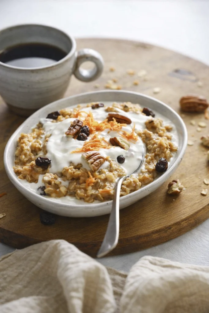 Creamy carrot cake oatmeal topped with yogurt, pecans, and raisins served on a wooden board with a cup of coffee in a bright kitchen setting