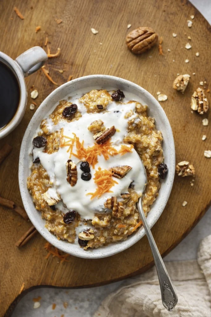 Overhead view of a creamy oatmeal bowl topped with yogurt, shredded carrots, pecans, and raisins on a rustic wooden board with coffee on the side