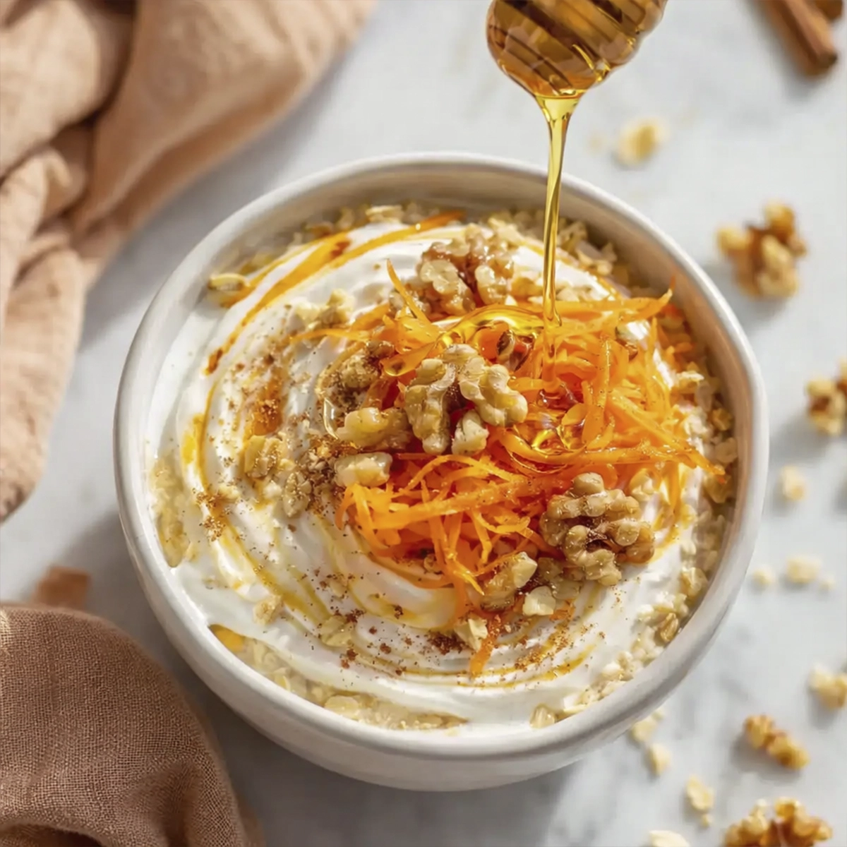 Carrot Cake Oatmeal Bowl with Yogurt and Walnuts – Light & Healthy Breakfast