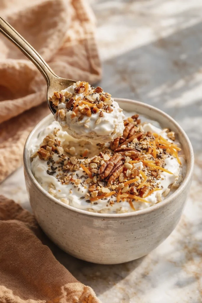 Close-up of carrot cake overnight oats with yogurt, pecans, and shredded carrots with a spoon lifting a creamy bite in warm sunlight