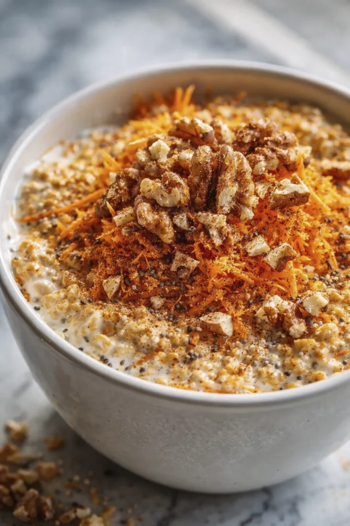 Close-up carrot cake oatmeal topped with shredded carrots, walnuts, and creamy yogurt in a ceramic bowl with natural light