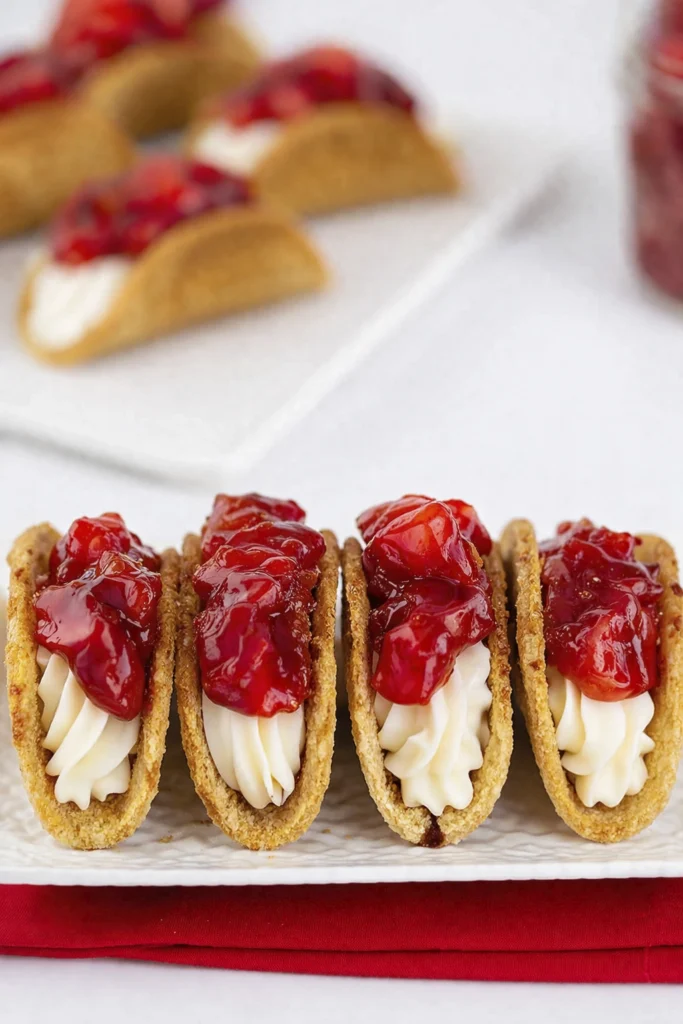Mini strawberry cheesecake tacos with graham cracker shells, creamy cheesecake filling, and strawberry topping arranged on a white serving tray.