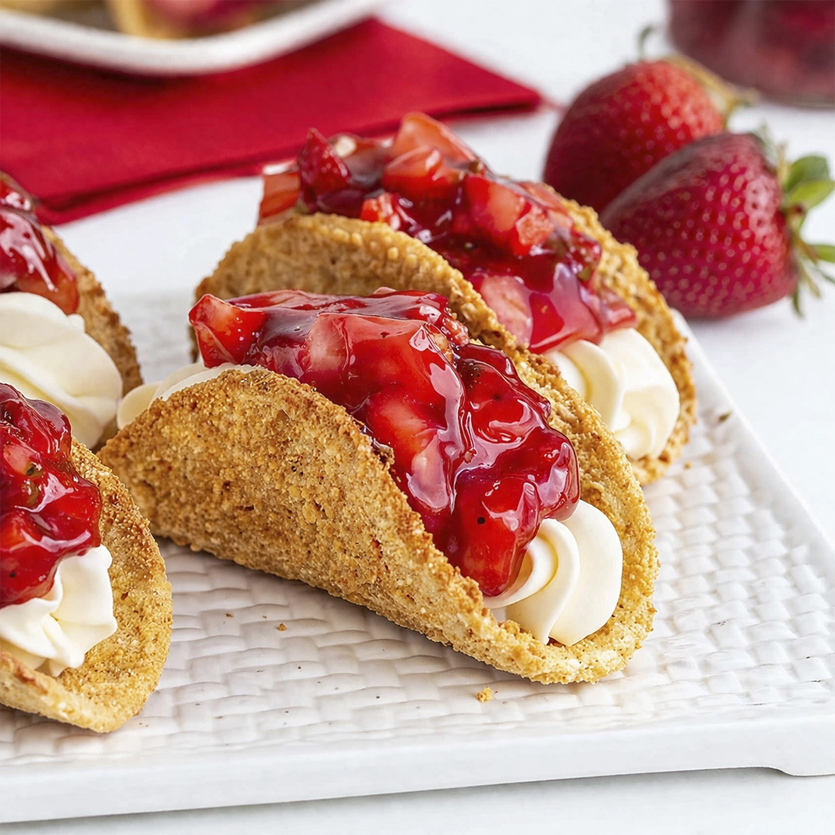 Mini strawberry cheesecake tacos with graham cracker shells, creamy cheesecake filling, and fresh strawberry topping on a white serving tray.