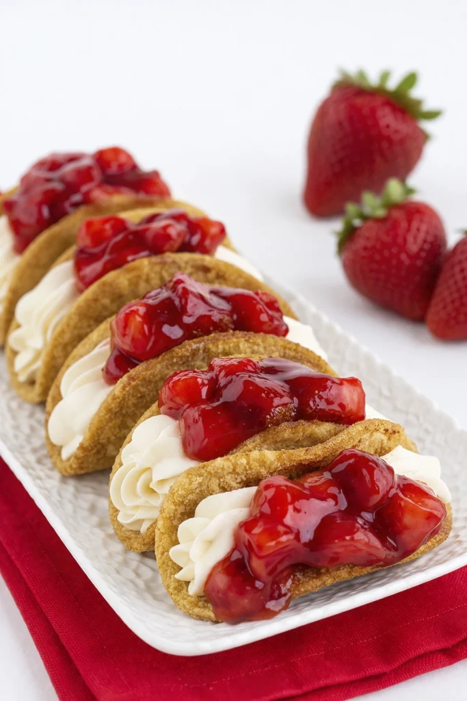 Mini strawberry cheesecake dessert tacos with graham cracker shells, whipped cream filling, and glossy strawberry topping on a white serving tray.