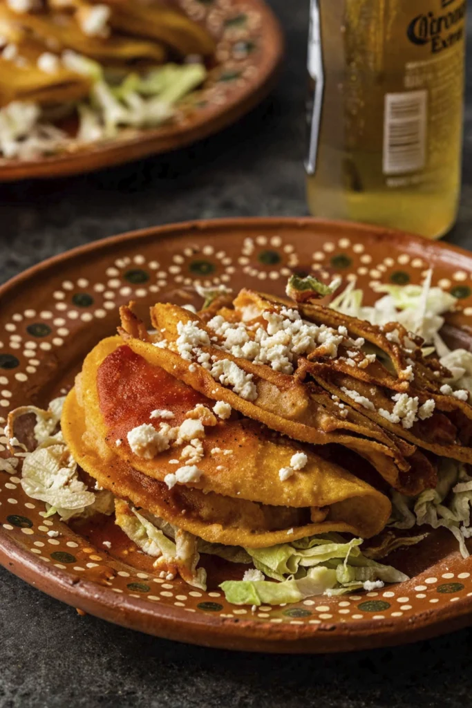 Overhead view of crispy tacos dorados topped with queso fresco and lettuce on rustic Mexican plates