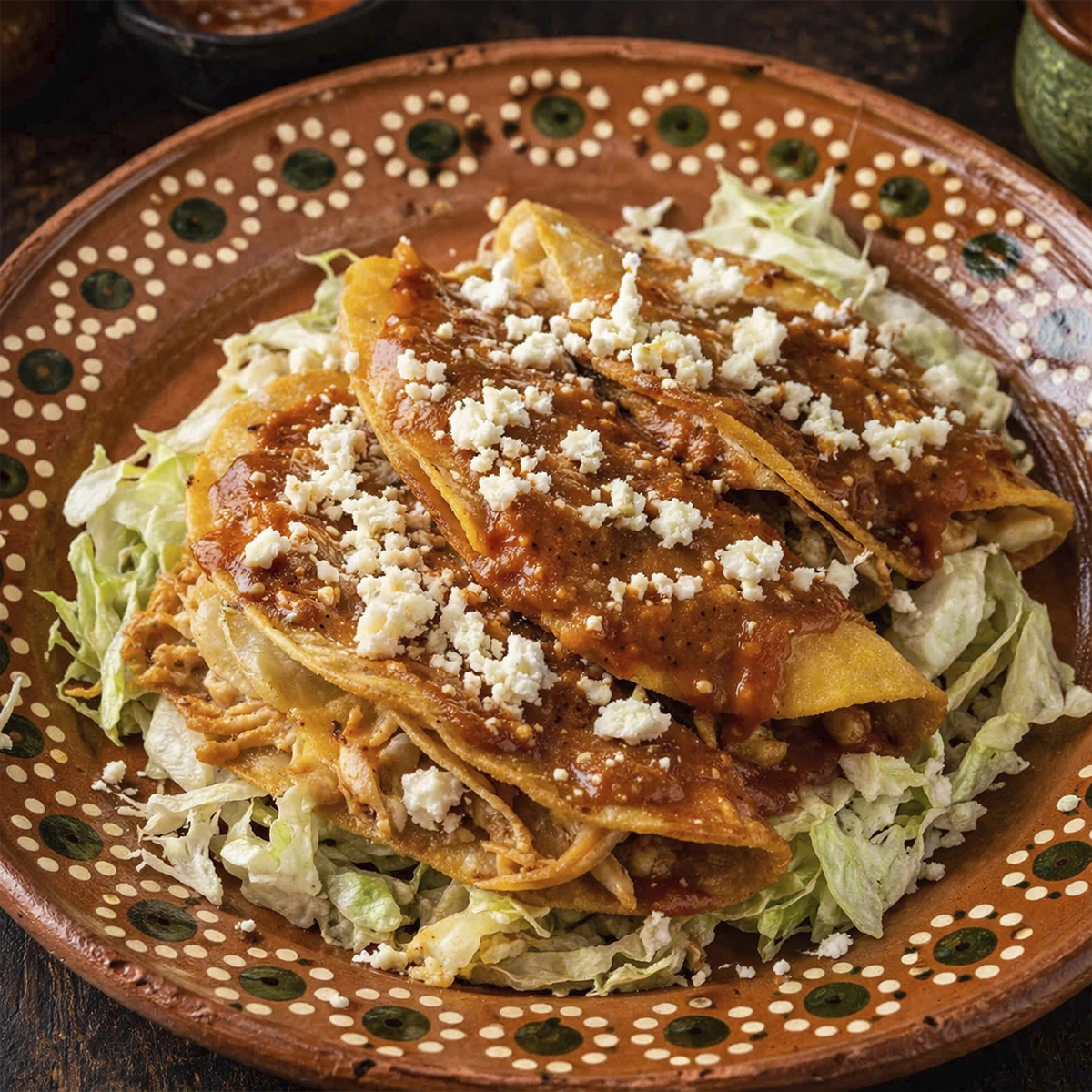 Crispy tacos dorados topped with queso fresco and shredded lettuce on a rustic Mexican plate