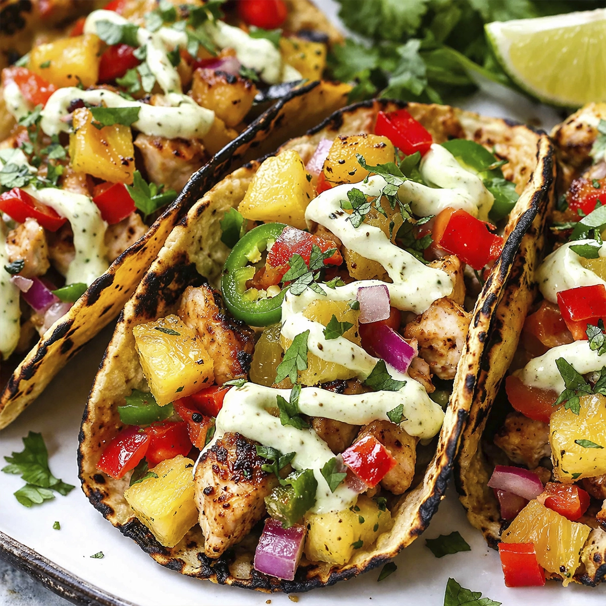 Chili lime chicken tacos topped with grilled pineapple salsa, avocado lime sauce, cilantro, jalapeños, and diced peppers.