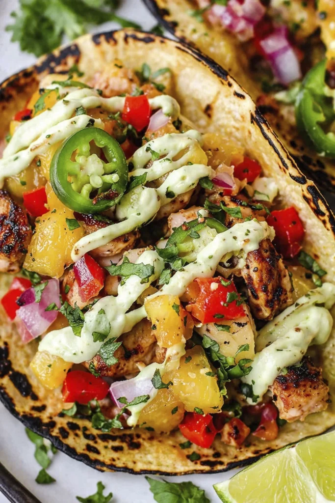 Overhead view of grilled tacos topped with pineapple salsa, jalapeños, cilantro, and avocado sauce on a serving platter.