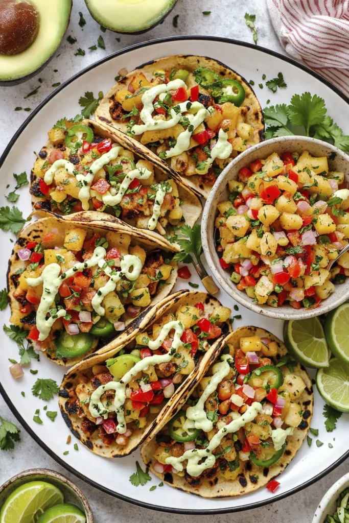 Close-up of grilled chicken tacos topped with pineapple salsa, jalapeños, cilantro, and avocado crema on charred tortillas.