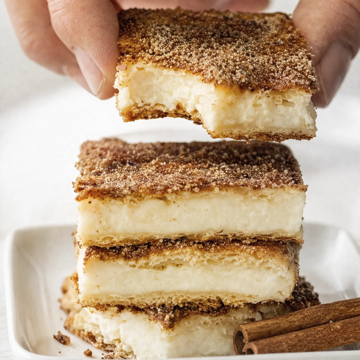 Stacked creamy custard dessert bars with cinnamon sugar topping and a bitten square held above on a white plate.