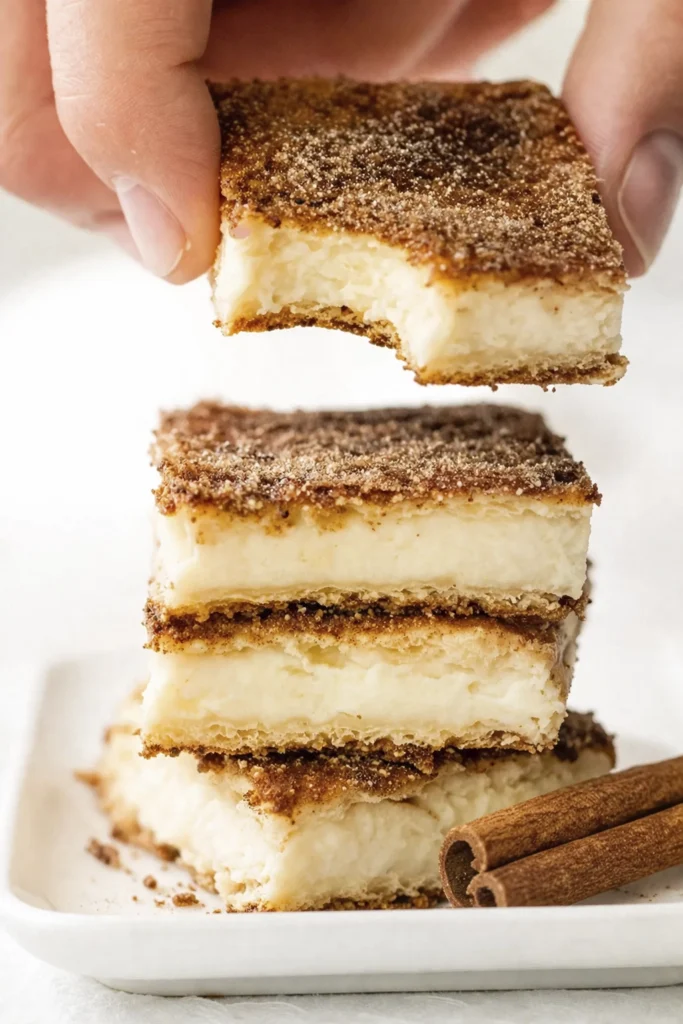 Close-up of creamy cinnamon dessert bars stacked on a white plate with one bar held above showing a soft vanilla custard filling and cinnamon sugar topping.