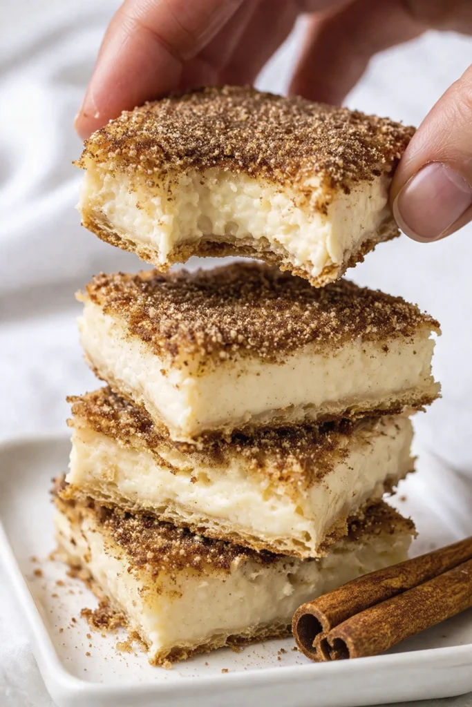 Stacked cinnamon custard dessert bars on a white plate with one creamy vanilla-filled bar held above showing a bite and cinnamon sugar topping.