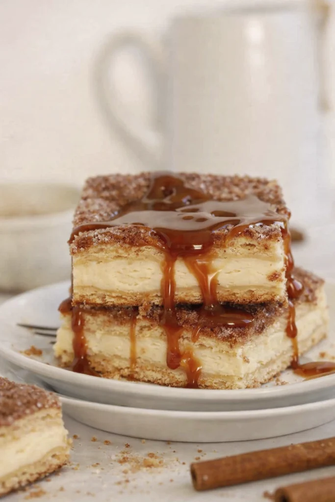 Caramel Drizzled Vanilla Custard Bars with Cinnamon Sugar Crust