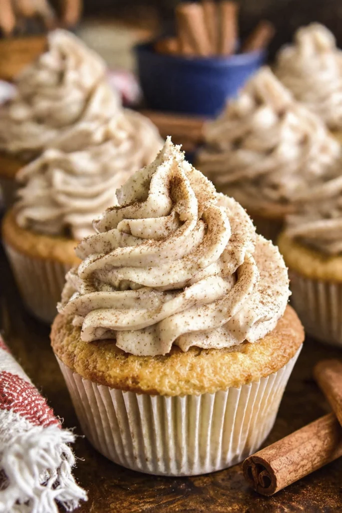 Close-up of cinnamon cupcake with swirled buttercream frosting and cinnamon dusting with blurred cupcakes in background