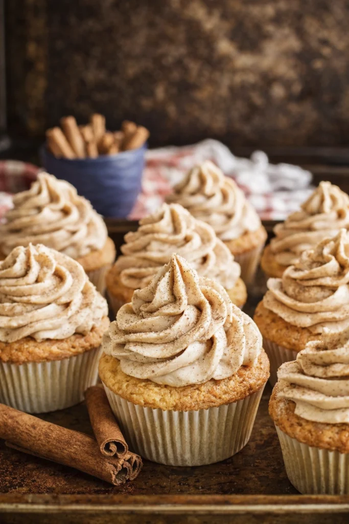 Homemade cinnamon cupcakes with swirled buttercream frosting and cinnamon sticks on a rustic tray
