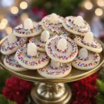 Close-up of frosted spiral sugar cookies with rainbow sprinkles and white gumdrop candy centers stacked on a gold dessert stand.