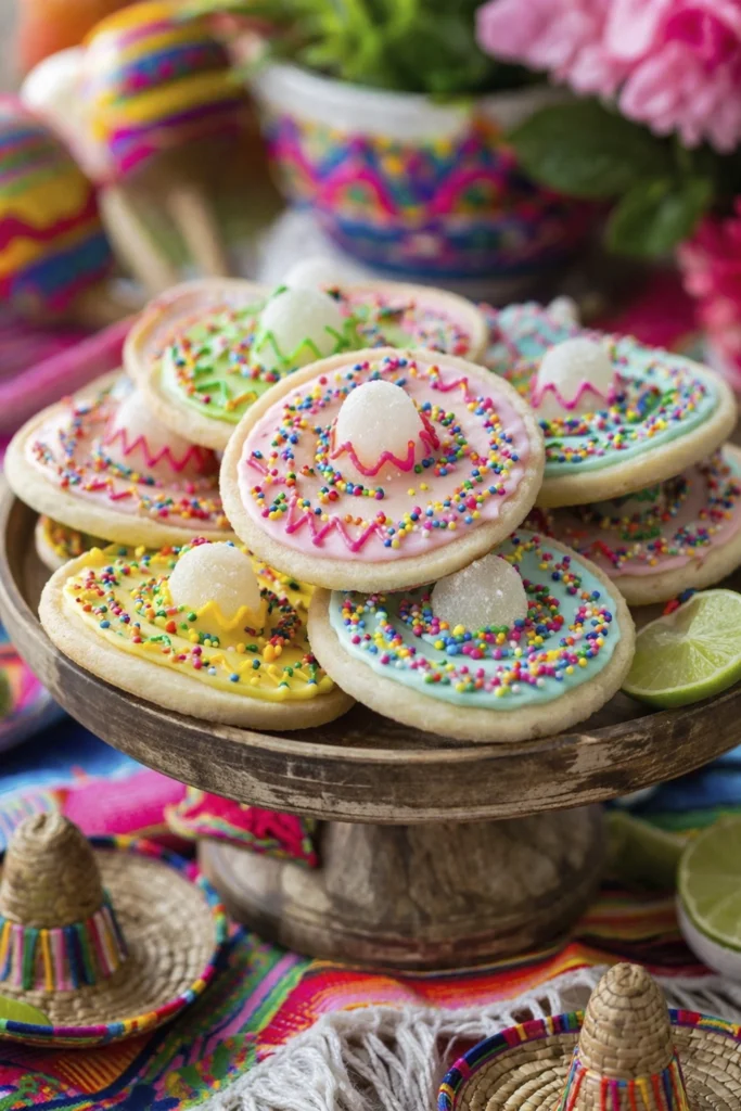 Homemade fiesta sombrero cookies decorated with pastel icing, rainbow sprinkles, and candy centers on a vibrant Mexican-themed table.