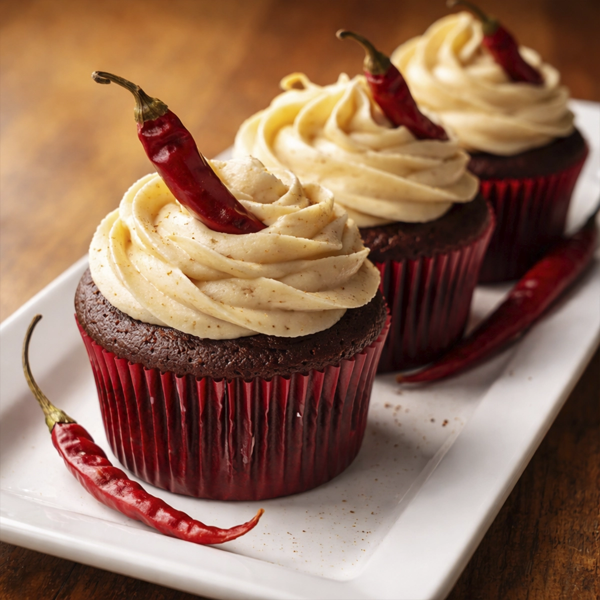 Spicy chocolate cupcakes with creamy frosting topped with red chili peppers on a white plate