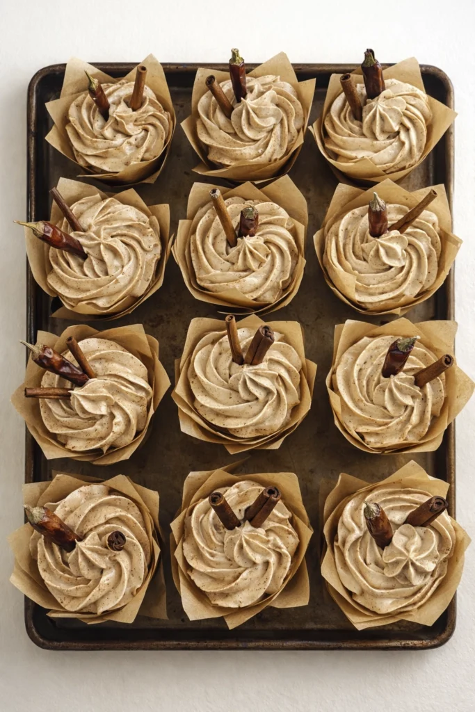 Top-down view of cinnamon cupcakes with swirled buttercream frosting, cinnamon sticks, and dried chili garnish arranged on a baking tray.