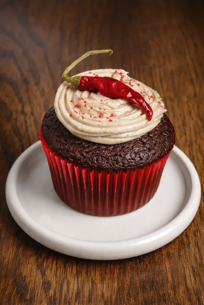 Chocolate cupcake with cinnamon buttercream frosting and a red chili pepper garnish on a white plate over a wooden table.