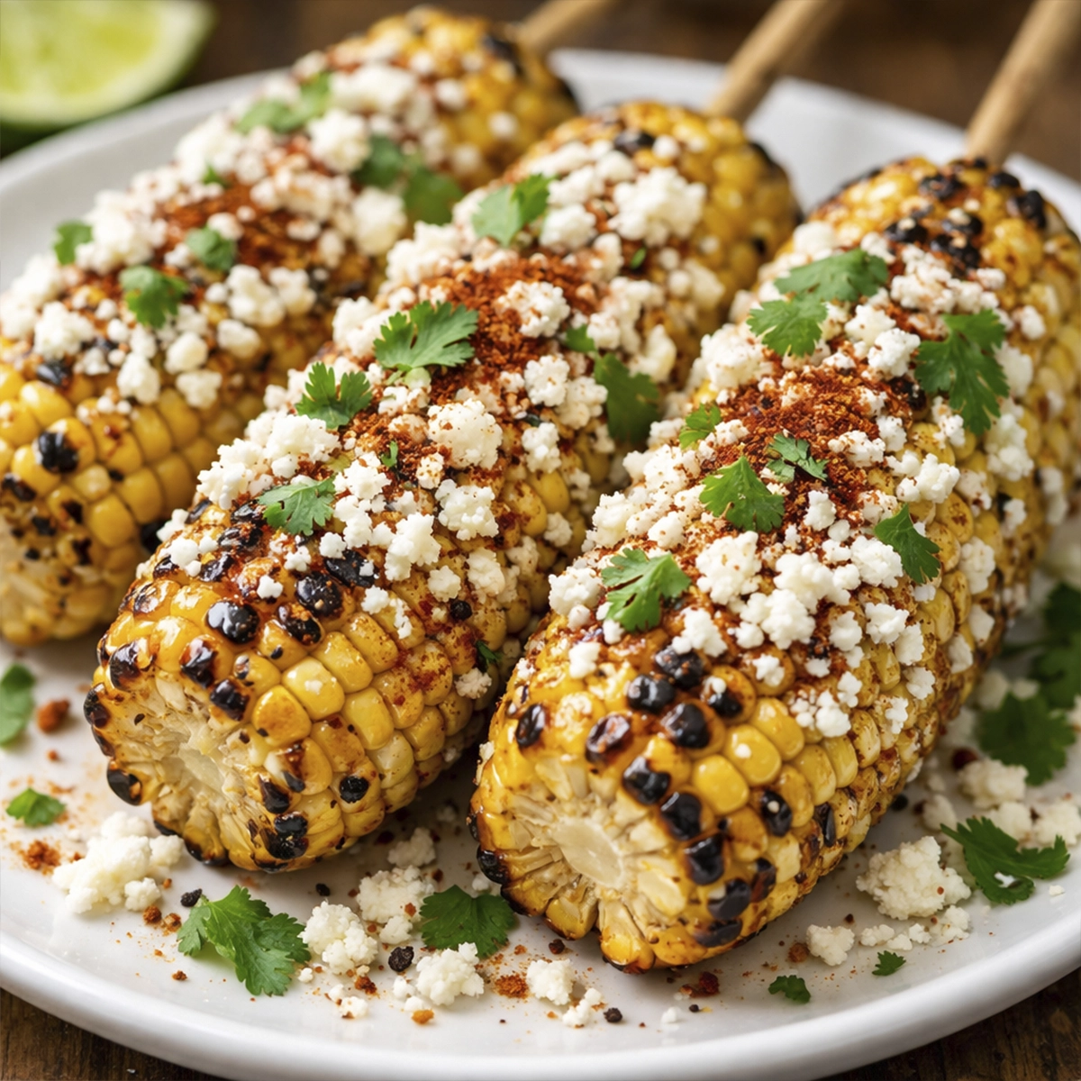 Mexican street corn topped with cheese, chili powder, and cilantro on a white plate.