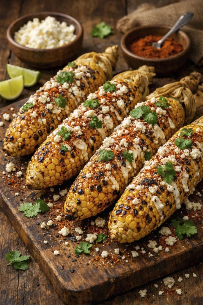 Mexican street corn with cotija cheese, chili powder, and cilantro served on a rustic board.