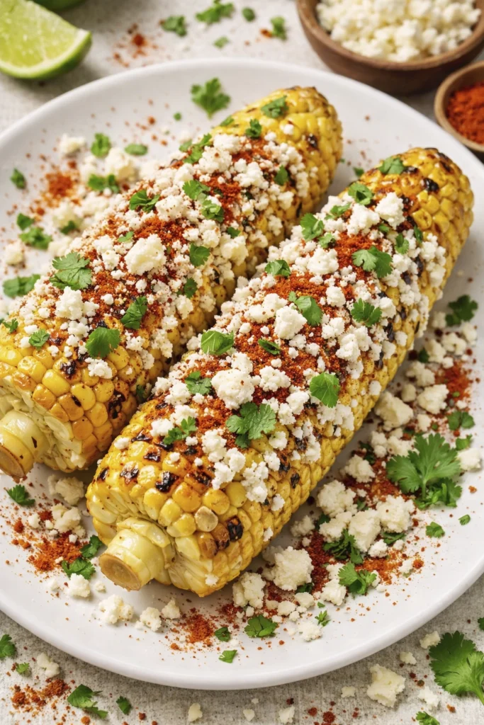 Close-up of Mexican street corn topped with cotija cheese, chili powder, and fresh cilantro on a white plate.