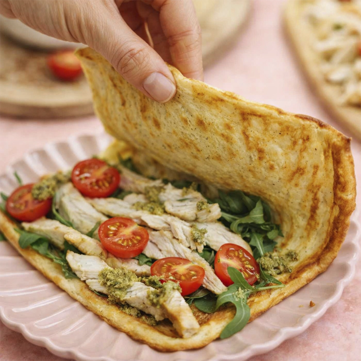 Hand folding a golden crepe filled with grilled chicken, arugula, cherry tomatoes, and pesto sauce