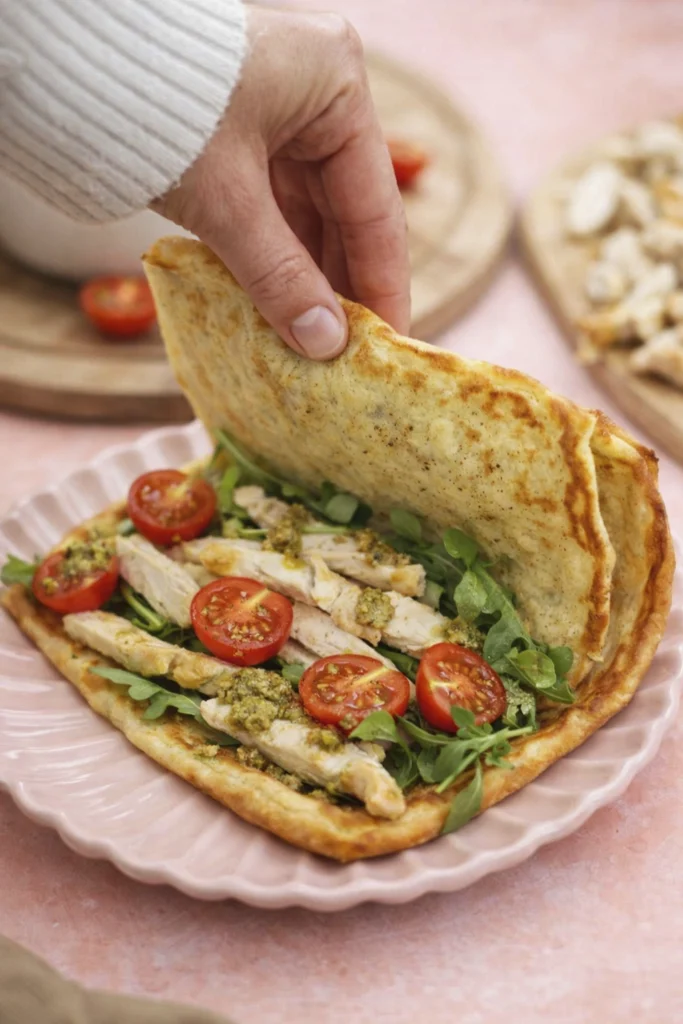 Hand folding a golden crepe filled with grilled chicken, arugula, cherry tomatoes, and pesto on a pastel plate