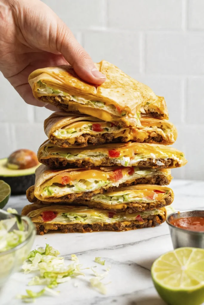 Stacked beef quesadilla triangles with melted cheese, lettuce, and tomatoes held by hand on a marble surface