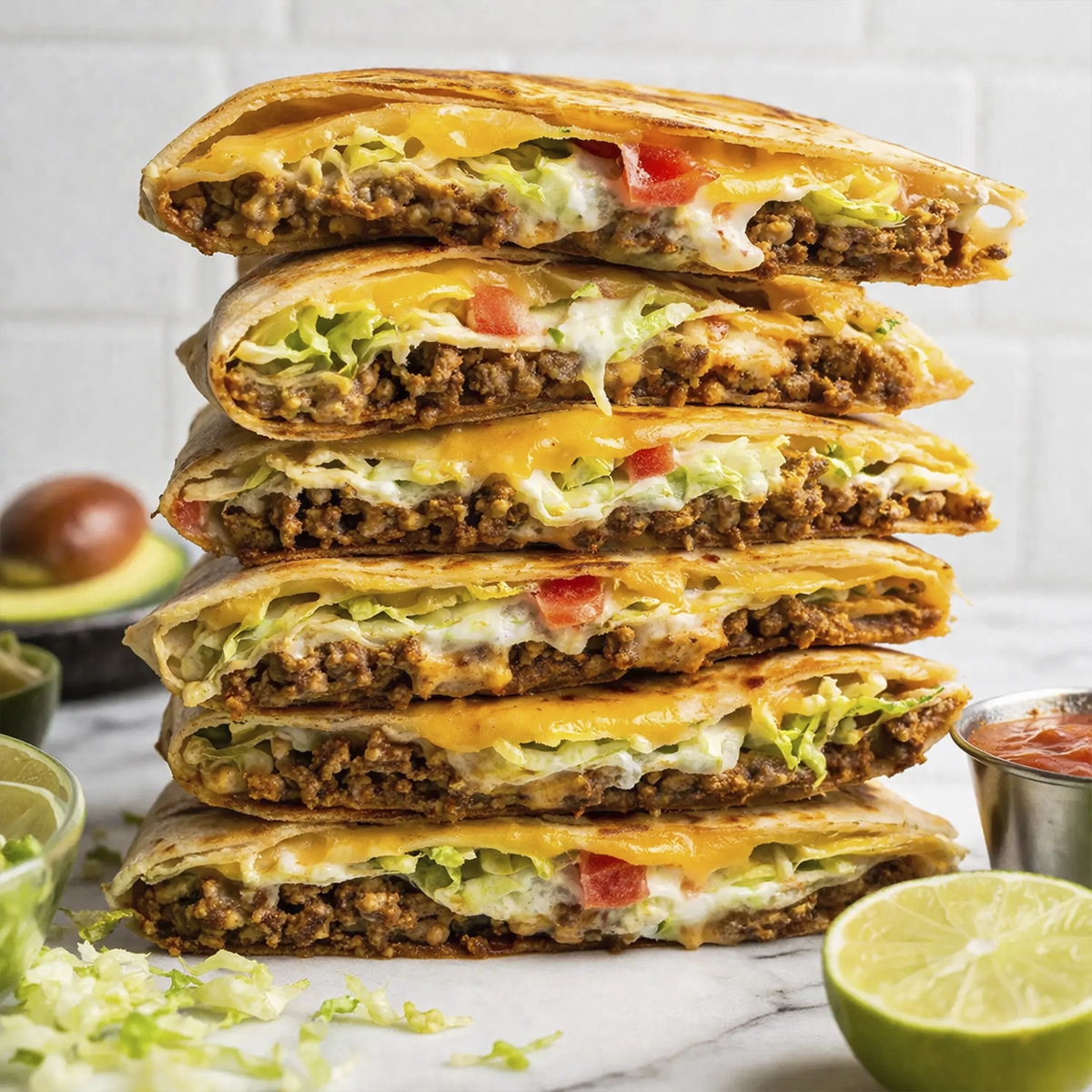 Stacked cheesy beef quesadillas with lettuce, tomatoes, and melted cheese served with lime and salsa.