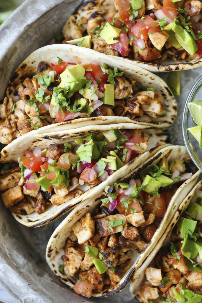 Grilled chicken street tacos with avocado, pico de gallo, lime wedges, tortilla chips, and cilantro on a marble surface.