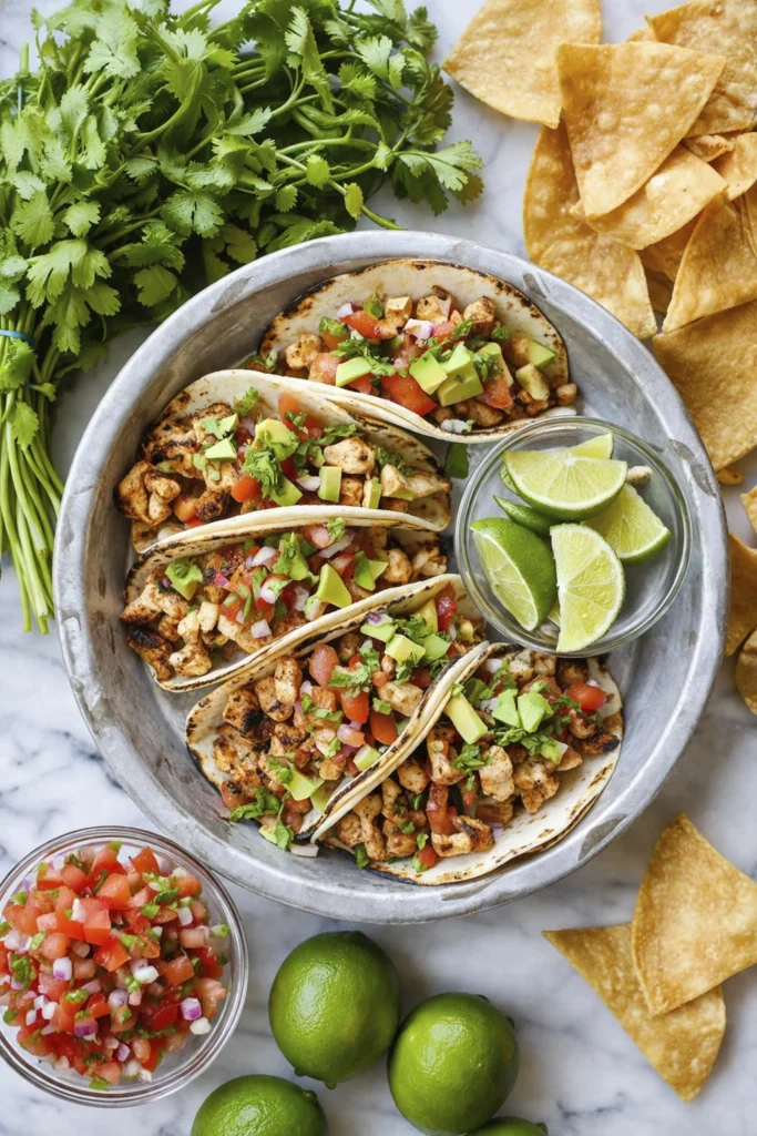 Overhead view of chicken tacos topped with pico de gallo, avocado, cilantro, and lime wedges on a marble surface.