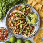 Overhead view of chicken tacos topped with pico de gallo, avocado, cilantro, and lime wedges on a marble surface.