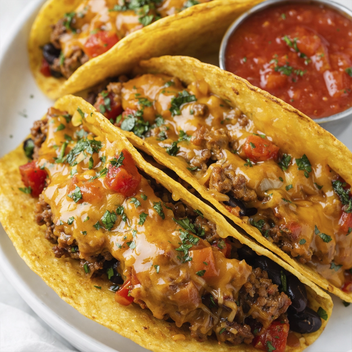 Hard-shell tacos with beef, cheese, tomatoes, black beans, and salsa on a white plate.