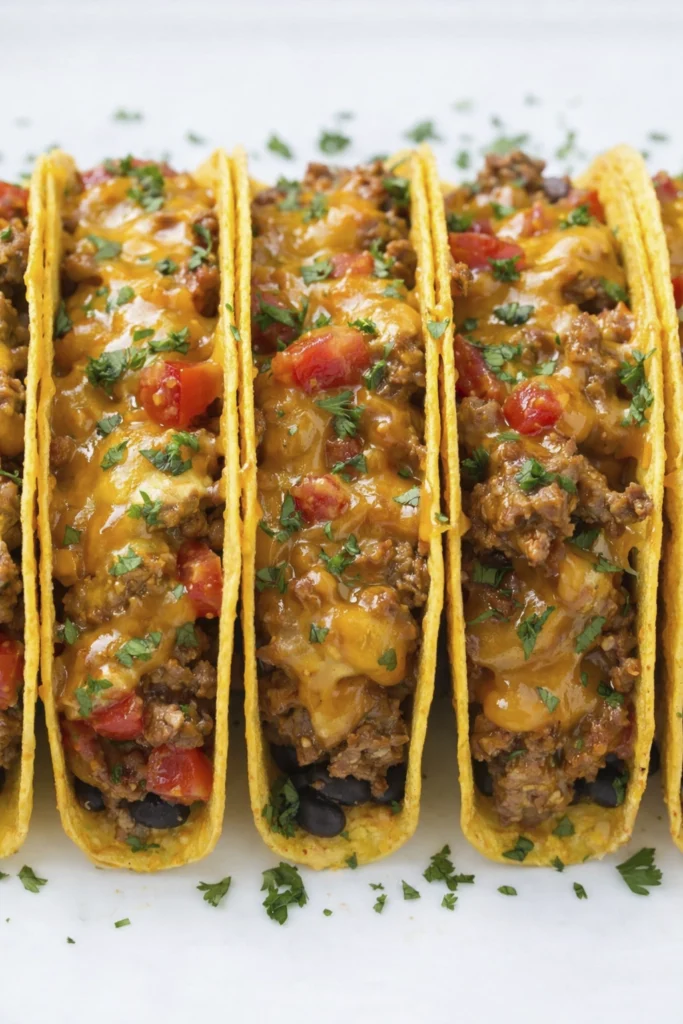 Hard-shell tacos with beef, cheese, tomatoes, cilantro, salsa, and sour cream on a white plate.