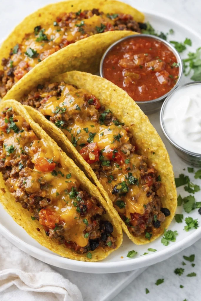 Four hard-shell tacos with beef, cheese, tomatoes, and cilantro on a white surface.