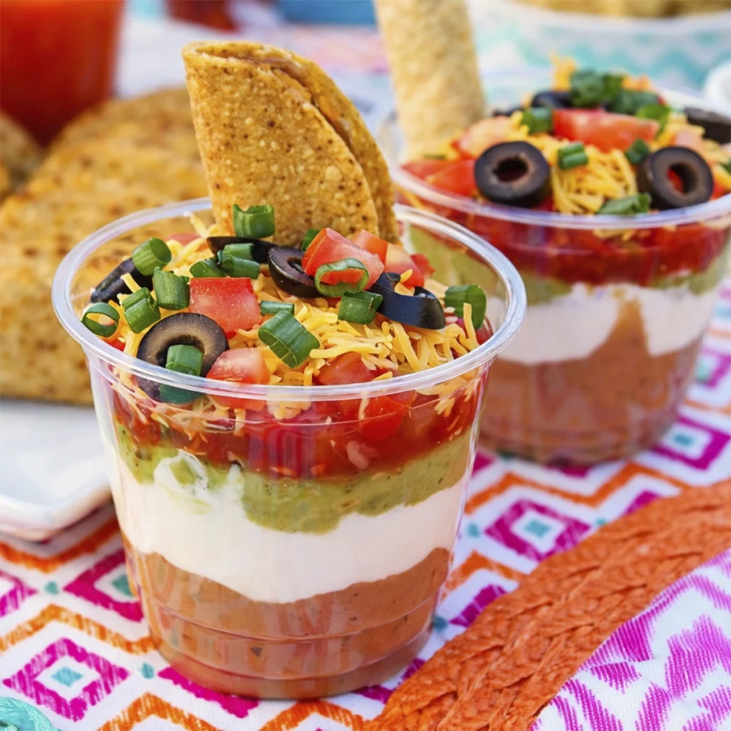 Layered taco dip cups with beans, sour cream, guacamole, salsa, cheese, olives, and tortilla chips on a colorful tablecloth
