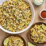 Overhead view of Mexican street corn salad with cotija cheese, cilantro, red onion, and lime served in bowls on a wooden table.