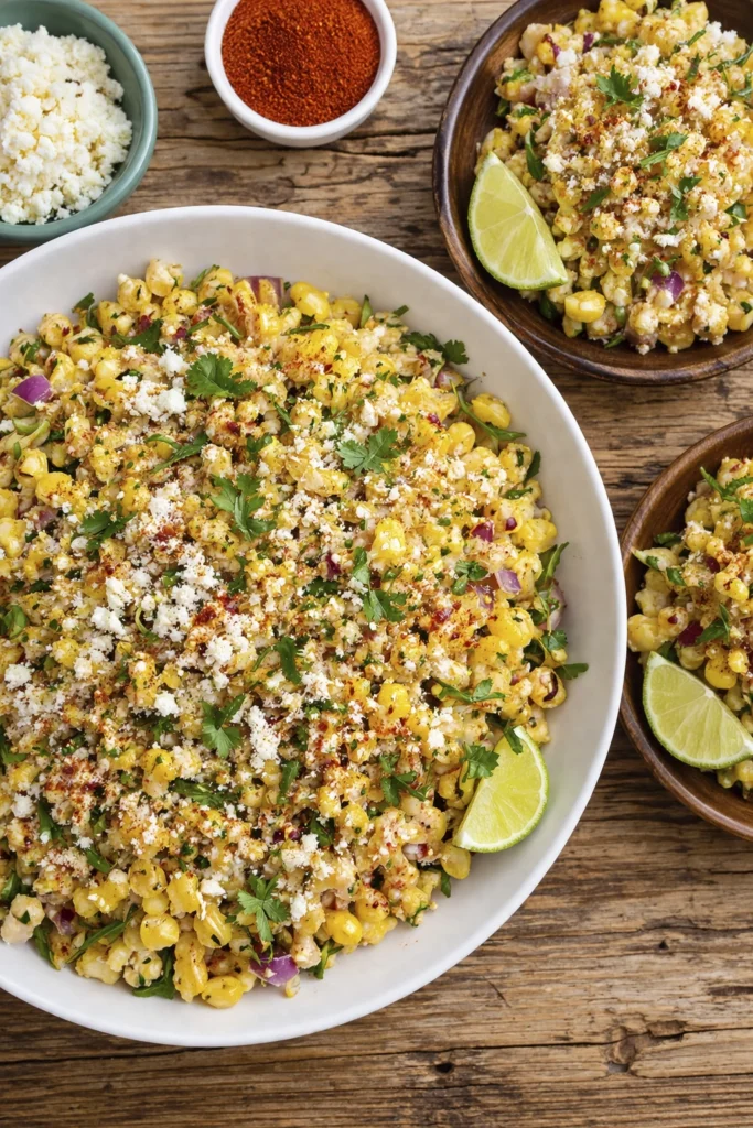 Overhead view of Mexican street corn salad with cotija cheese, cilantro, red onion, and lime served in bowls on a wooden table.