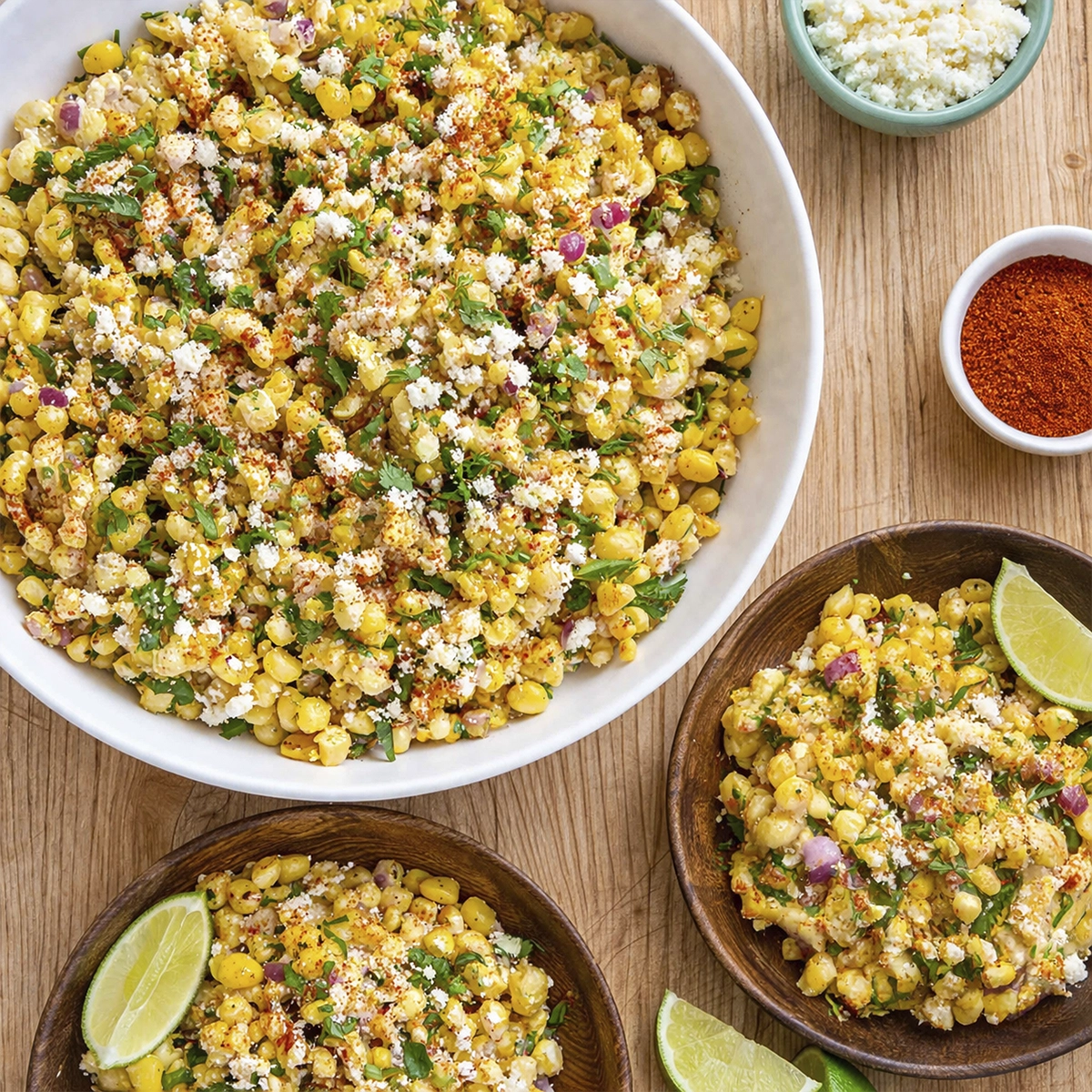 Overhead view of Mexican street corn salad with cotija cheese, cilantro, red onion, and lime served in bowls on a wooden table.
