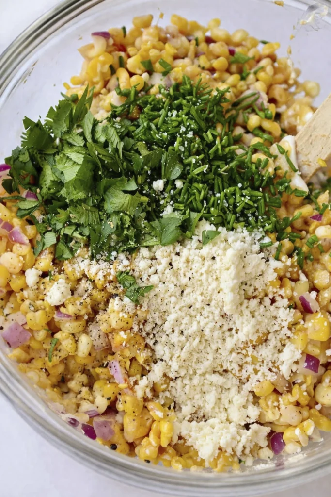 Close-up of a corn salad in a glass bowl with cilantro, cheese, red onion, and seasoning before mixing.