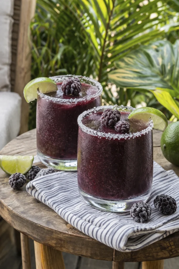 Close-up of a frozen blackberry margarita with a sugared rim, lime wedge, and frozen blackberries in a short glass.