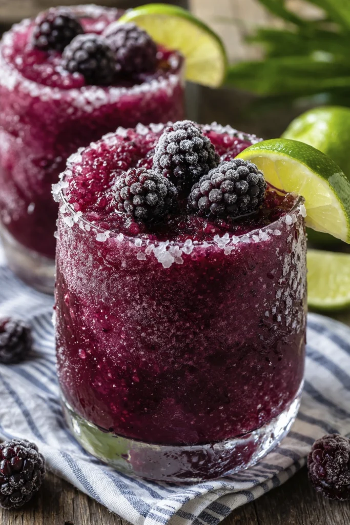 Two frozen blackberry margaritas with salted rims and lime wedges on a rustic outdoor side table surrounded by greenery.