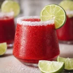 Frozen red margarita with salted rim and fresh lime garnish in a cocktail glass